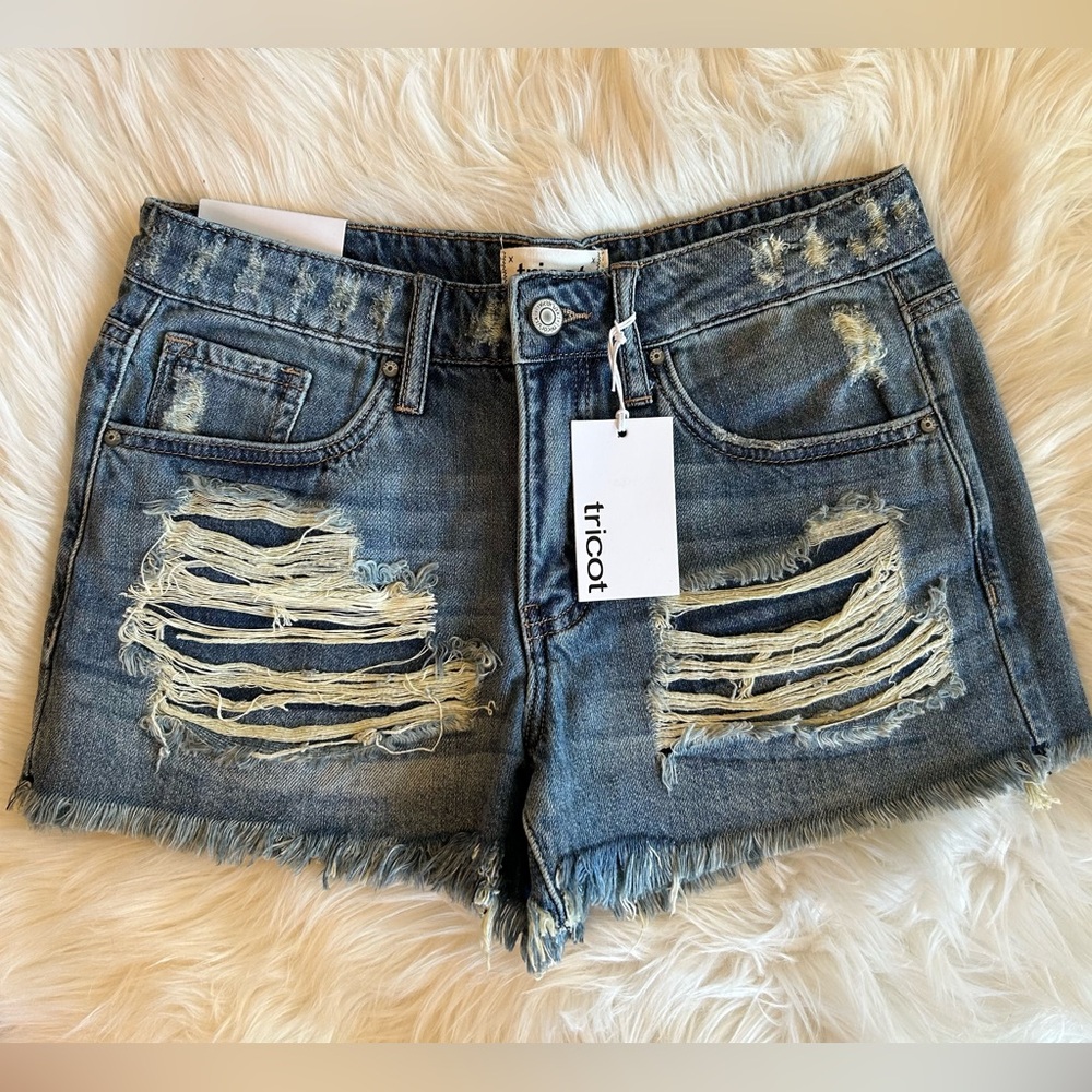 Tricot Distressed Blue Jean Shorts with Raw Hem